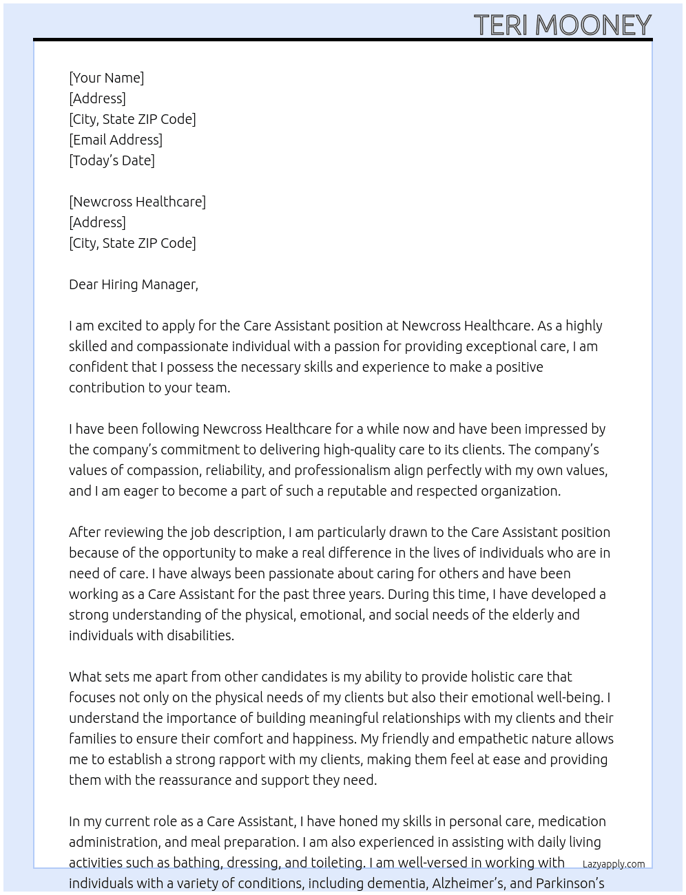 Care Assistant At Newcross Healthcare Cover Letter