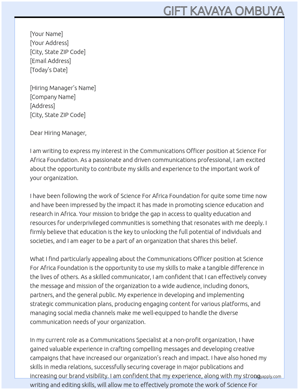 Communications Officer At Science For Africa Foundaction Cover Letter