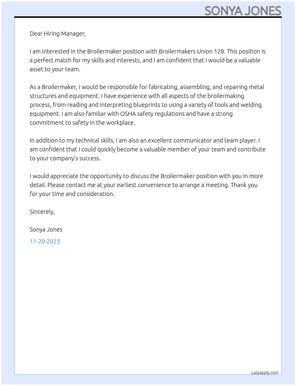 Broilermaker At Broilermakers Union 128 Cover Letter