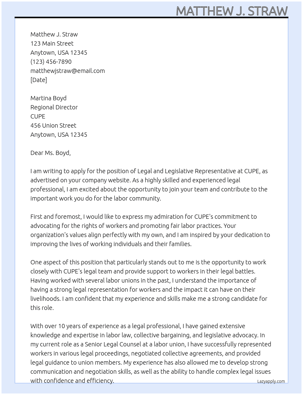 Legal and Legislative Representative At CUPE Cover Letter