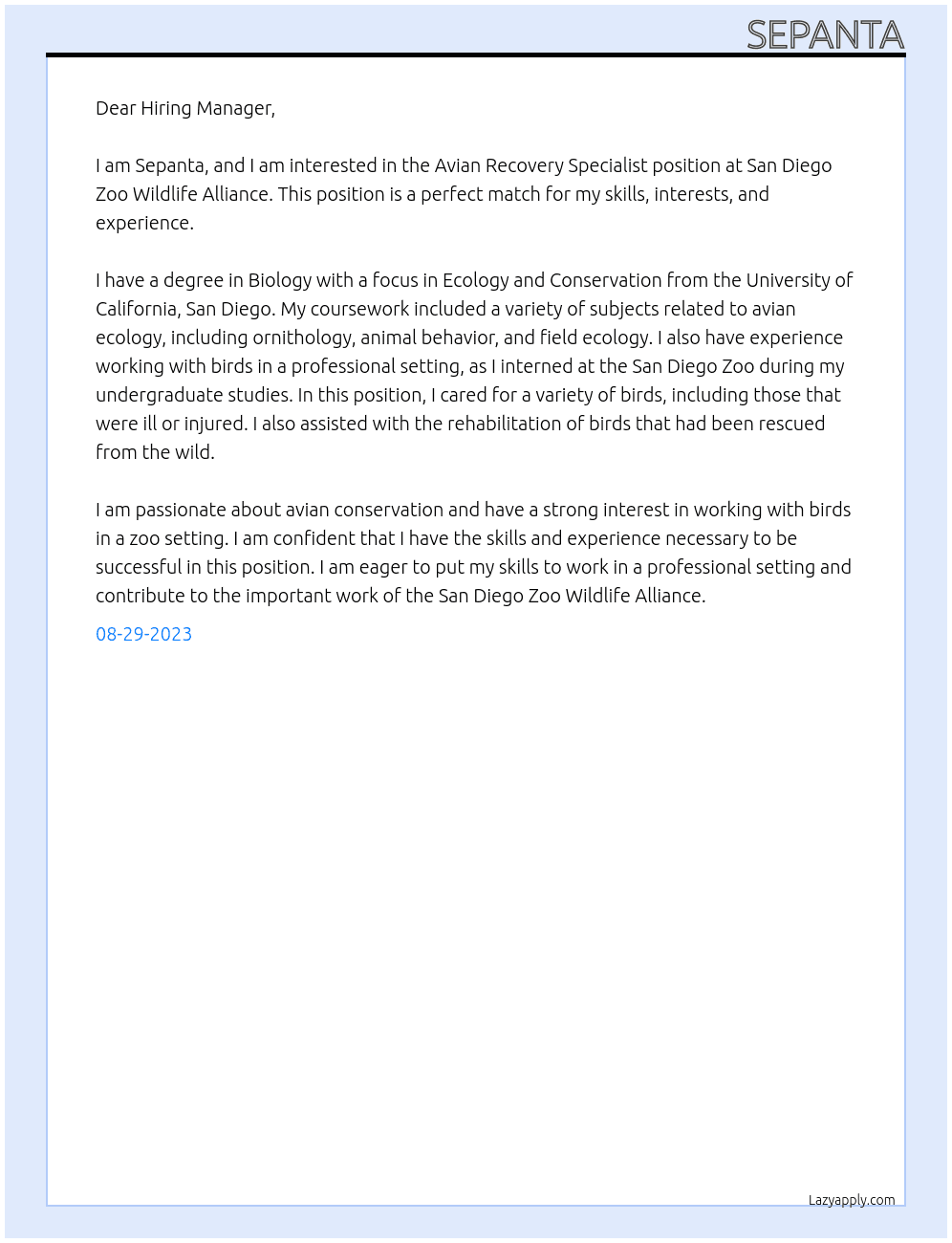 Avian Recovery Specialist At San Diego Zoo Wildlife Alliance Cover Letter