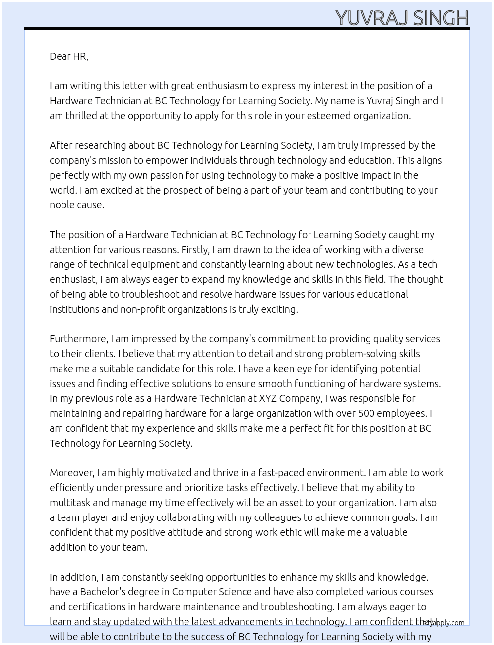 Hardware Technician At BC Technology for Learning Society  Cover Letter