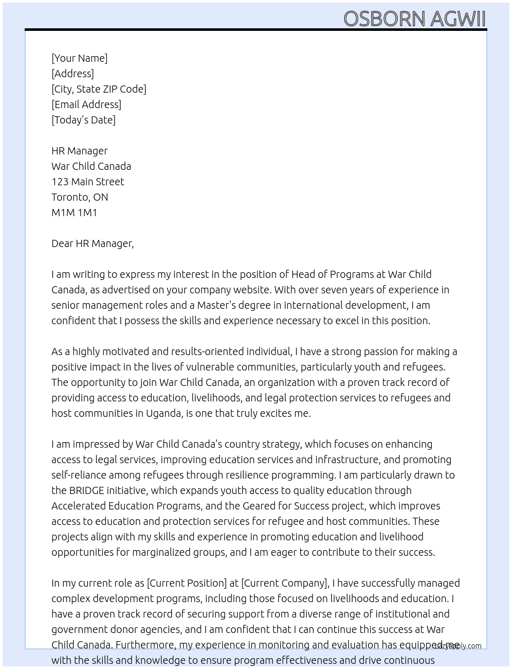HEAD OF PROGRAMMES At War Child Canada Cover Letter
