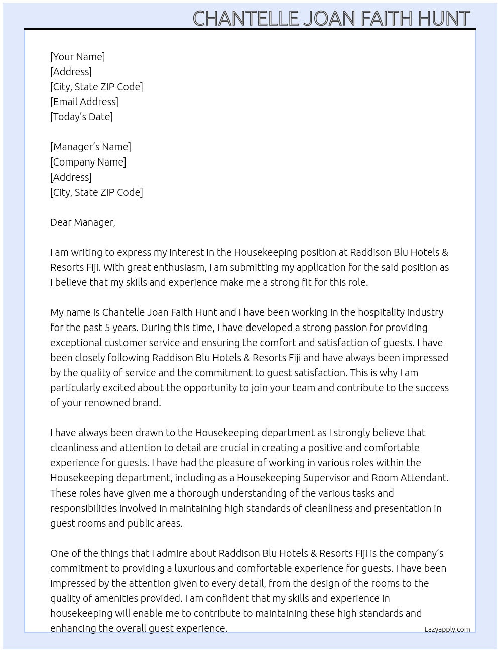 House keeping  At Raddison Blu Hotels & Resorts Fiji Cover Letter