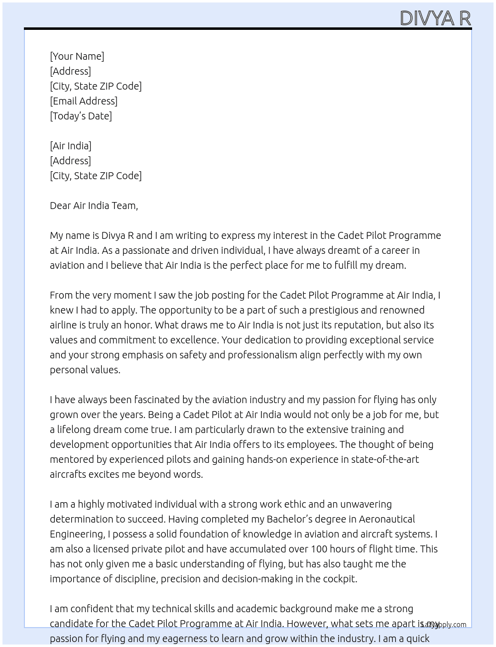 Cadet pilot programme  At Air India Cover Letter