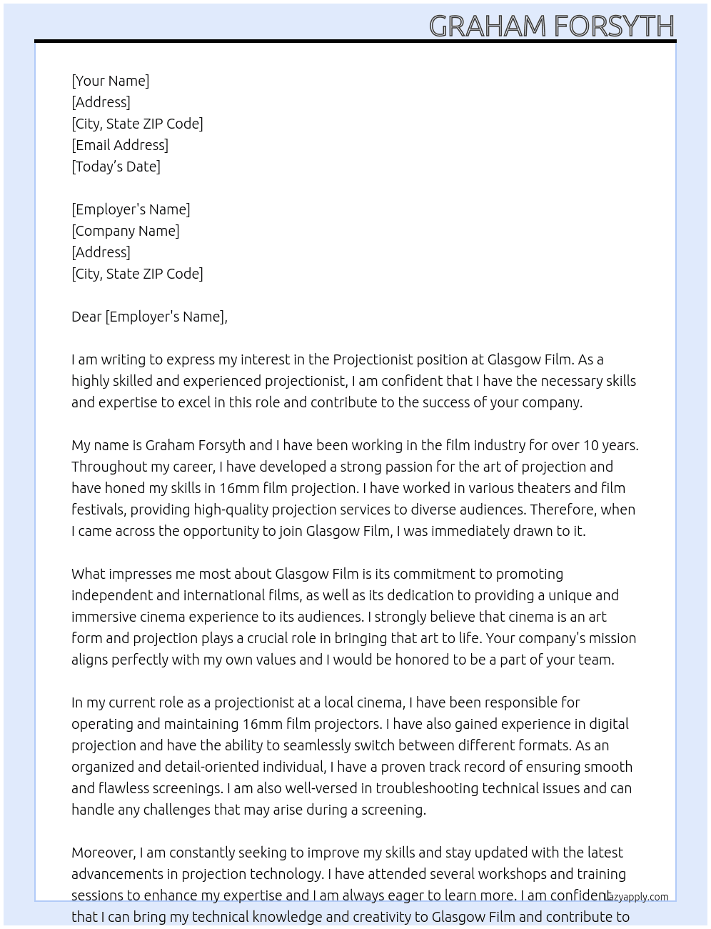 Projectionist At Glasgow film Cover Letter