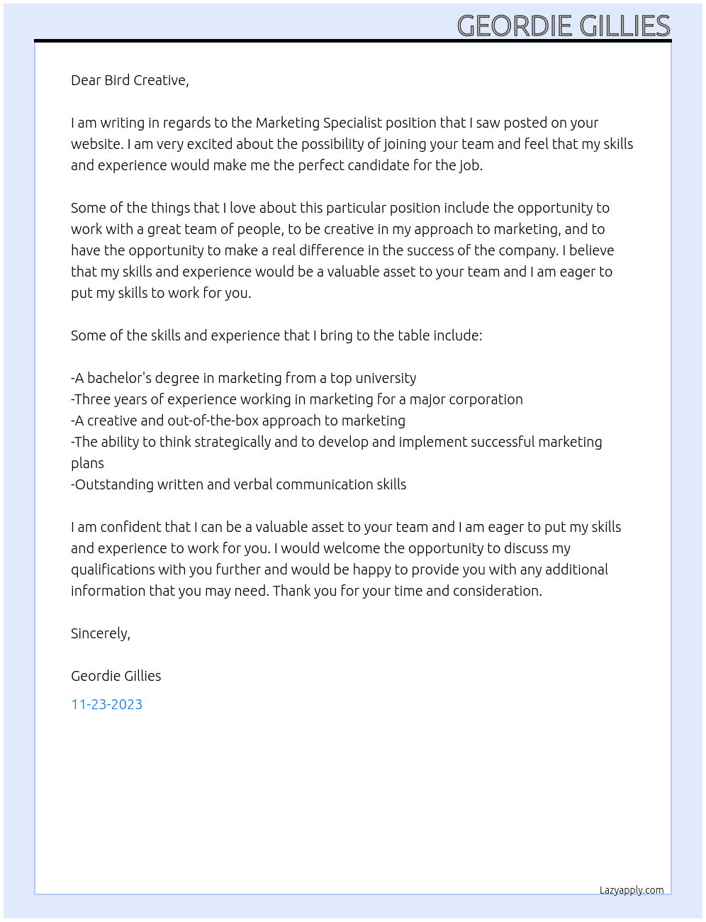 Marketing Specialist At Bird Creative Cover Letter
