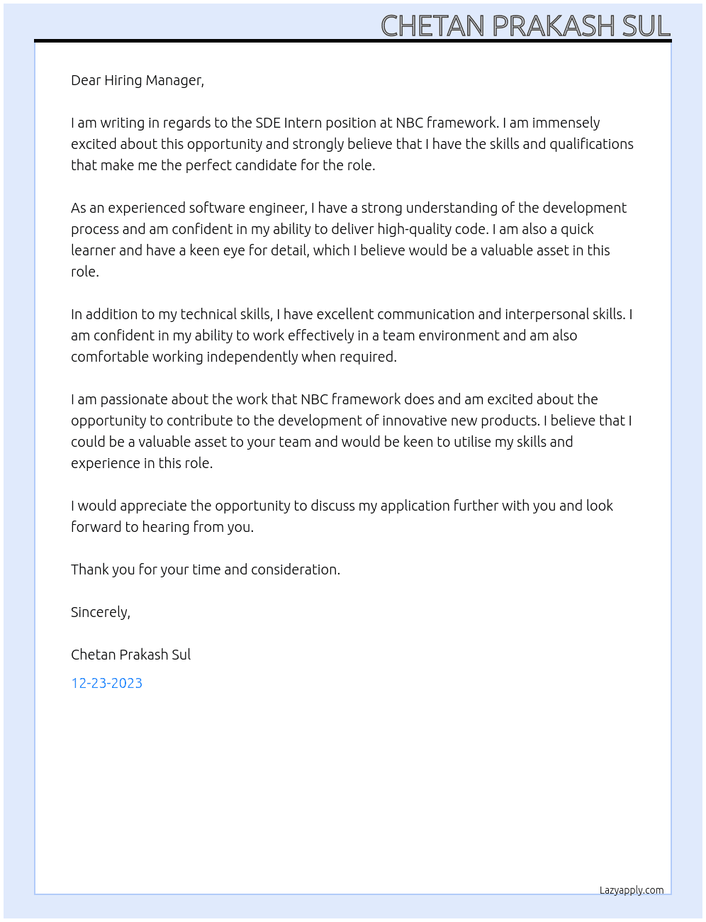 SDE Intern At NBC framework Cover Letter