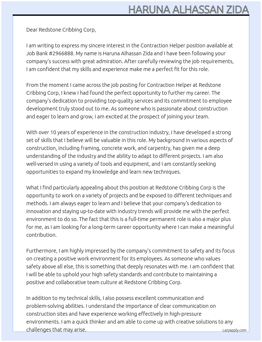 Contraction helper  At Job Bank #2966888 Cover Letter