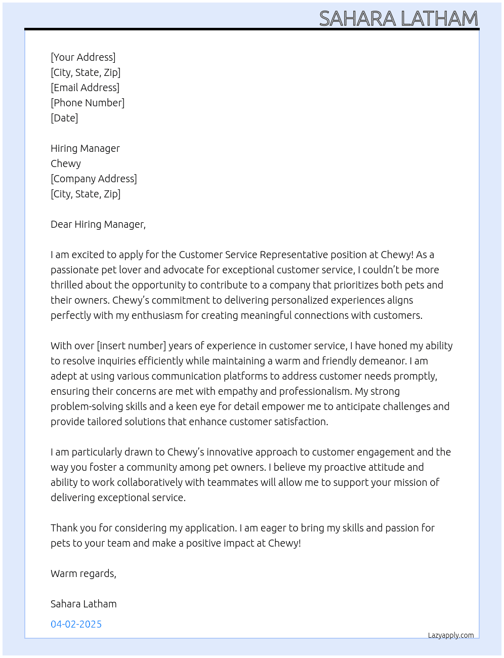 customer service representative At Chewy Cover Letter