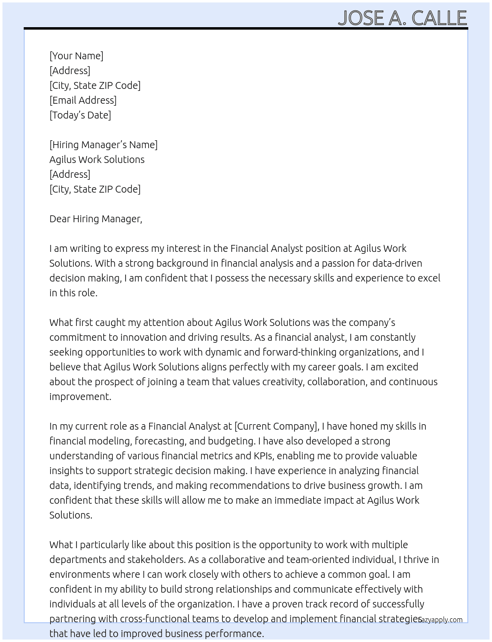 Financial Analyst At Agilus Work Solutions Cover Letter