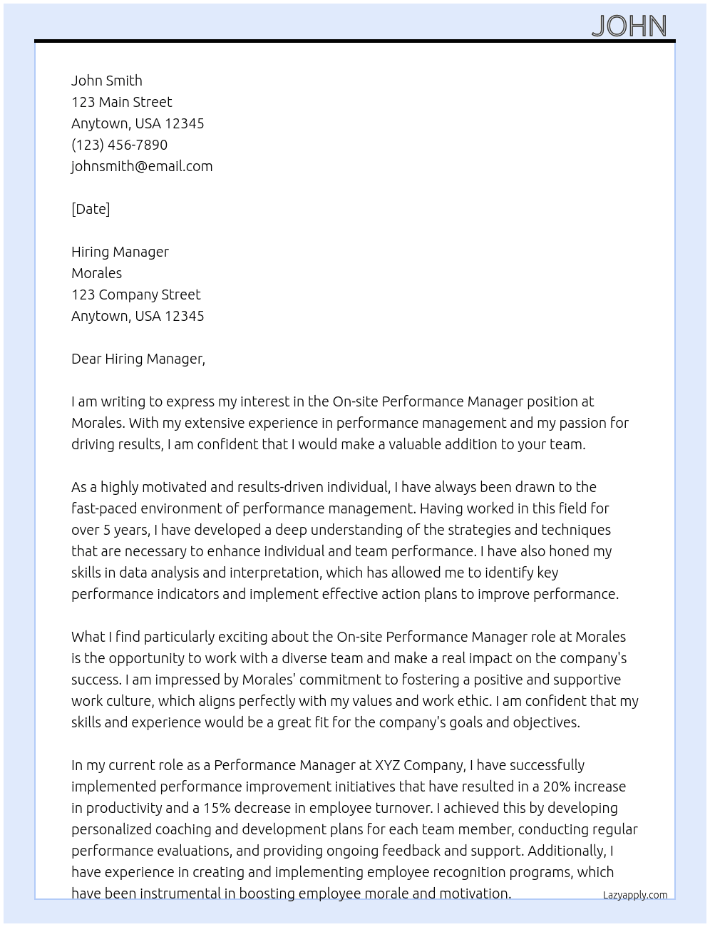 On-site Performance Manager At Morales Cover Letter