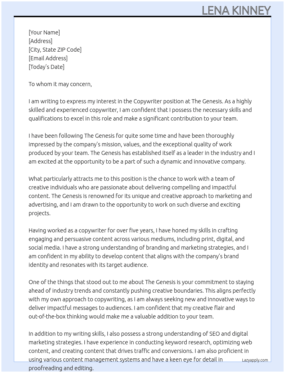 copywriter At The Genesis Cover Letter