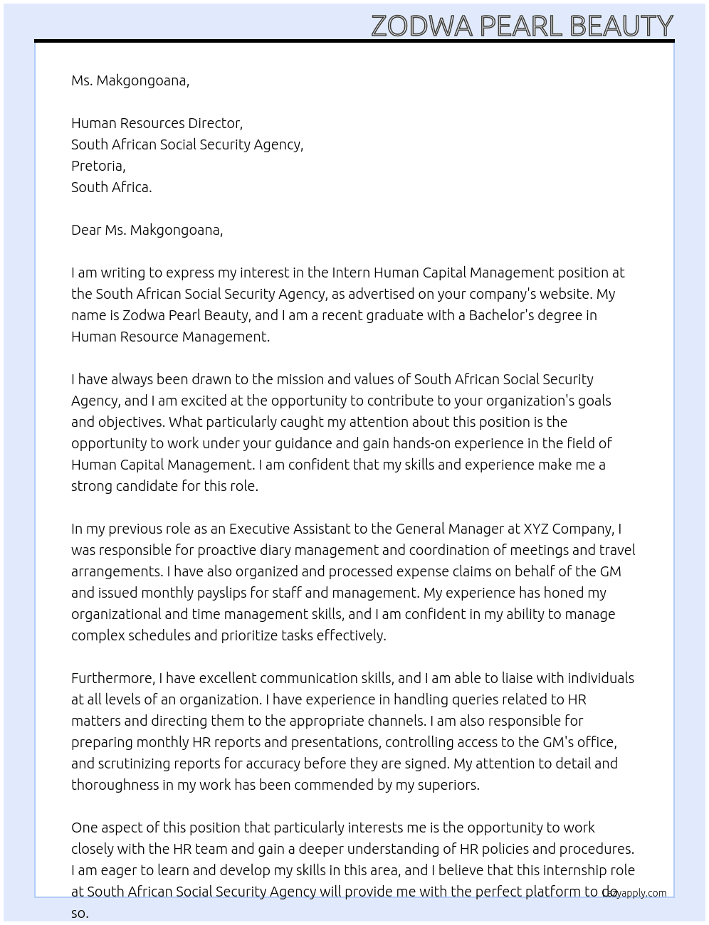 Intern Human Capital Management At South African Social Security Agency Cover Letter