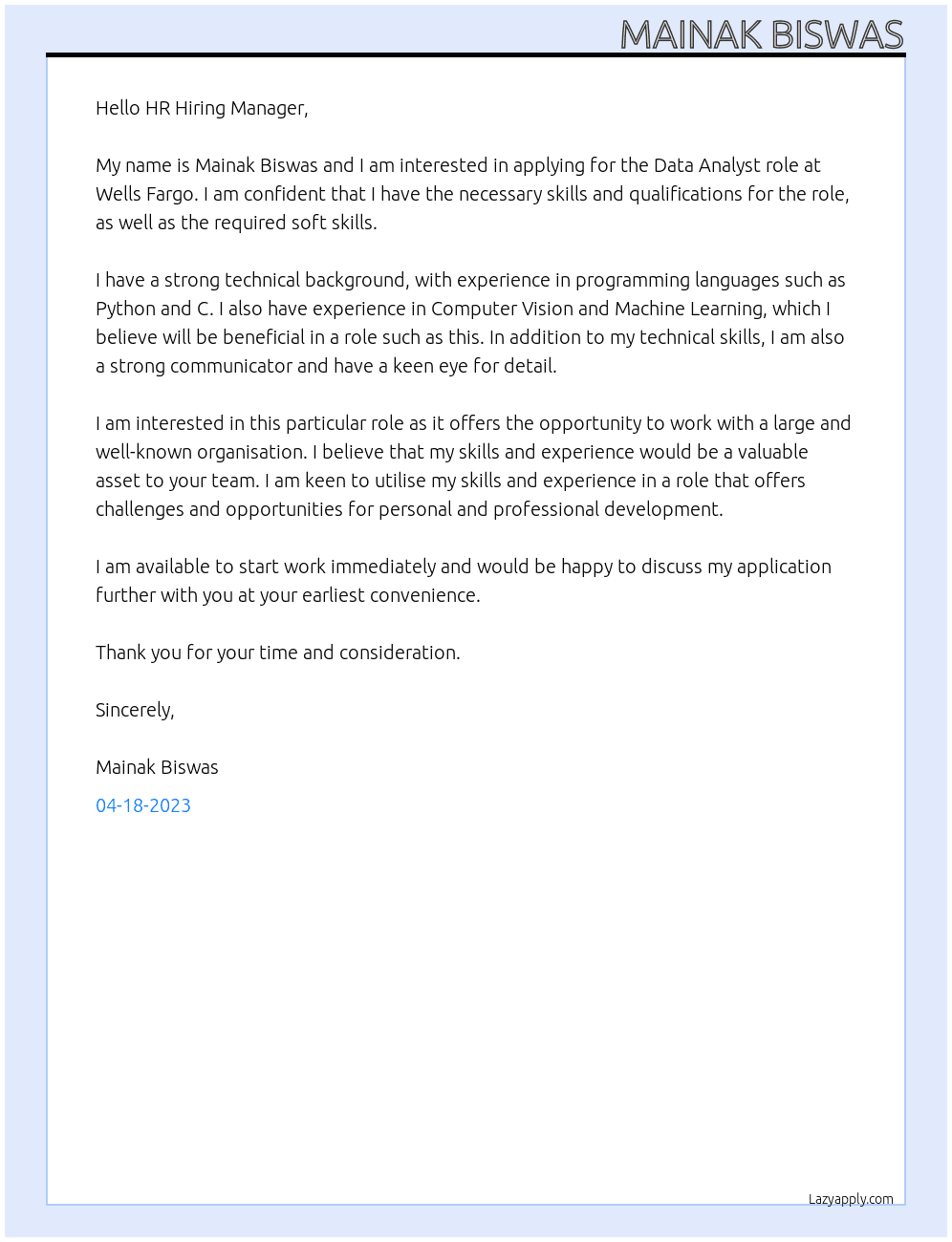 Data Analyst At wells and fargo Cover Letter