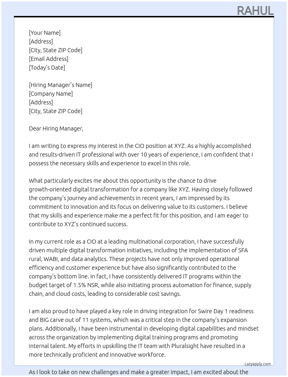 CIO At XYZ Cover Letter
