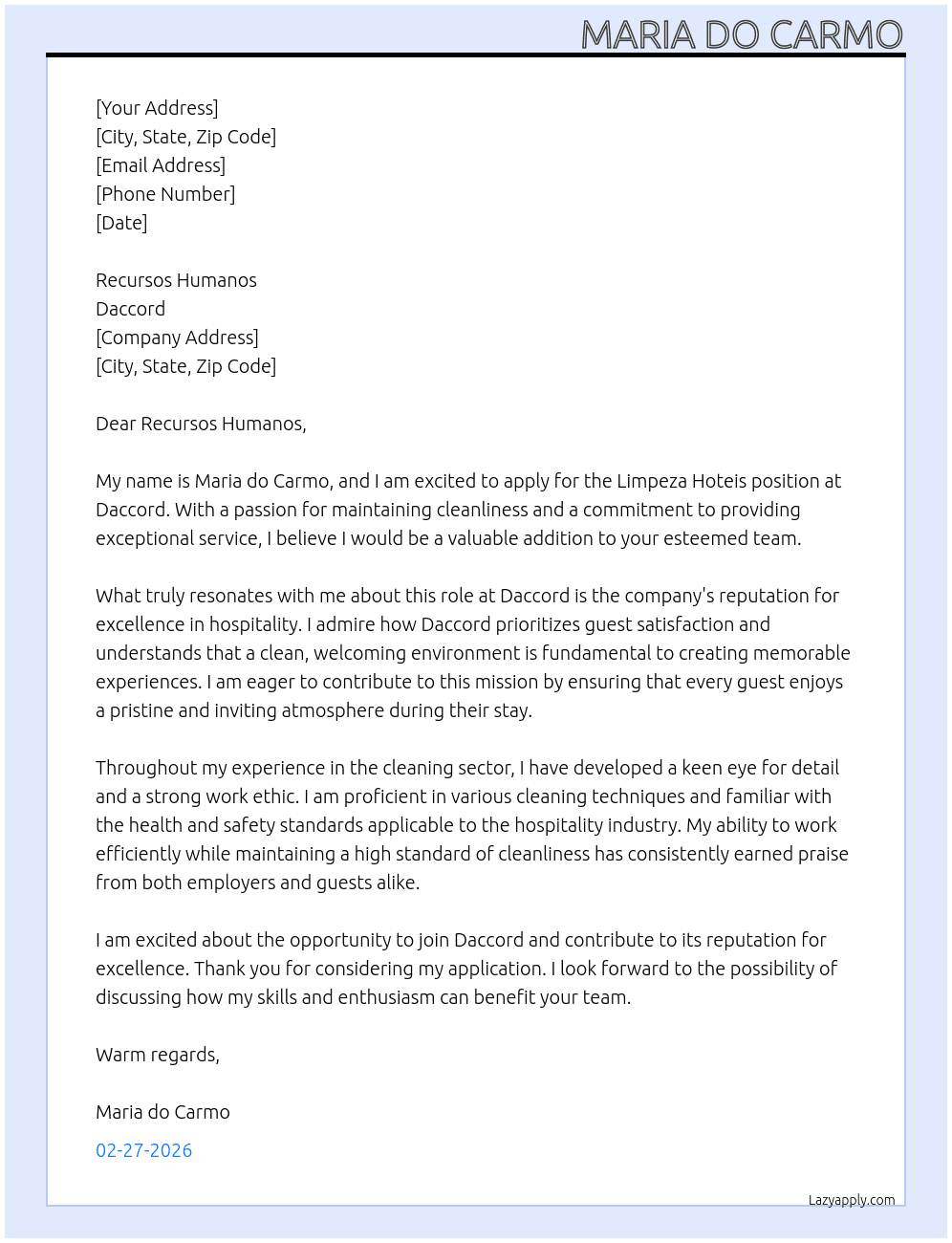 Limpeza Hoteis At Daccord Cover Letter