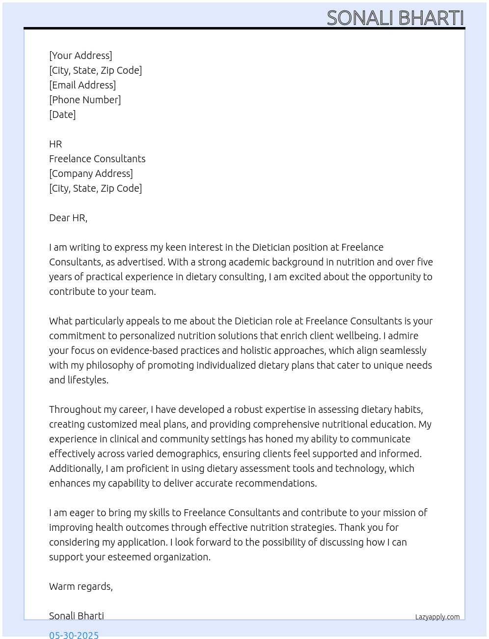 Cover letter for dietician - LazyApply