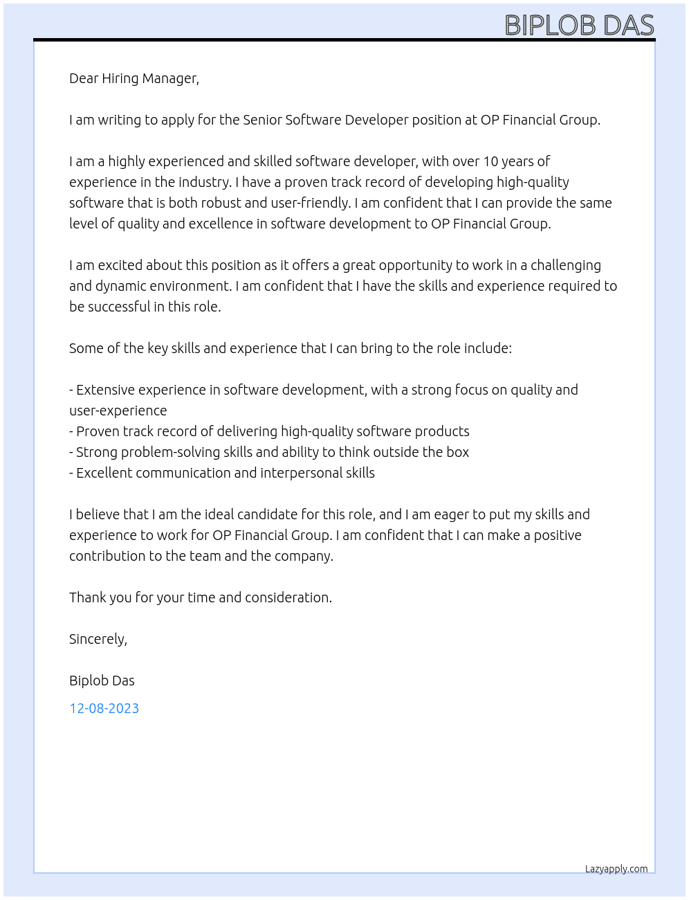 Senior Software Developer At OP Financial Group Cover Letter