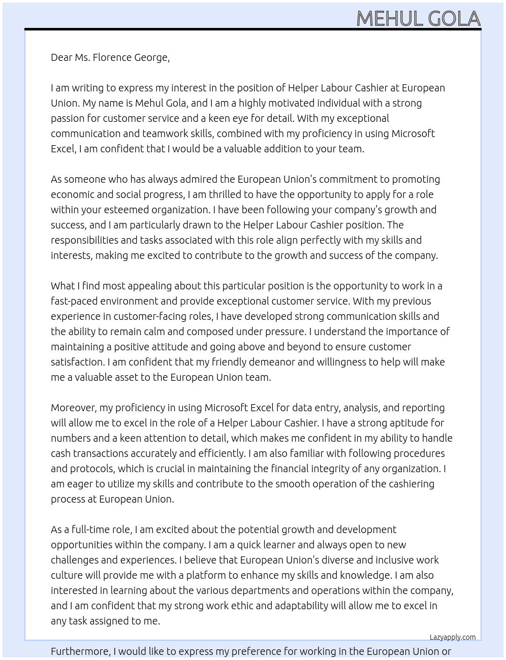HELPER LABOUR CASHIER  At European Union Cover Letter