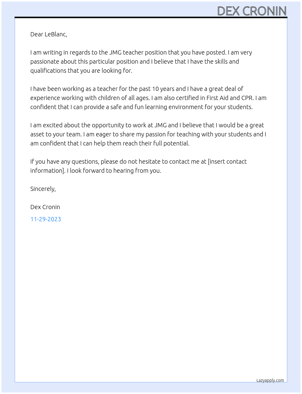 JMG teacher At JMG Cover Letter