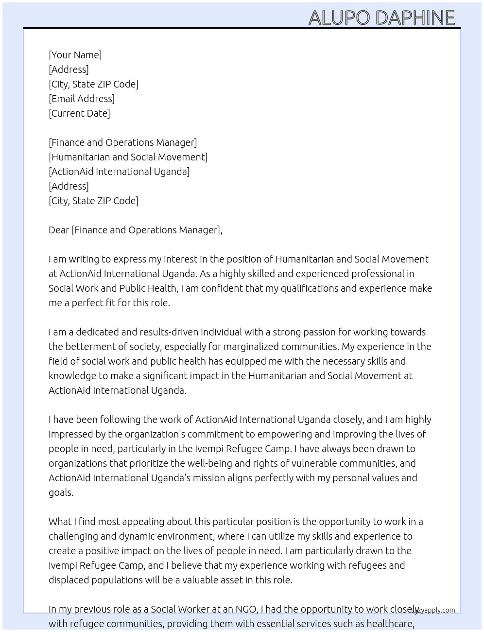 Humanitarian and Social Movement  At ActionAid International Uganda  Cover Letter