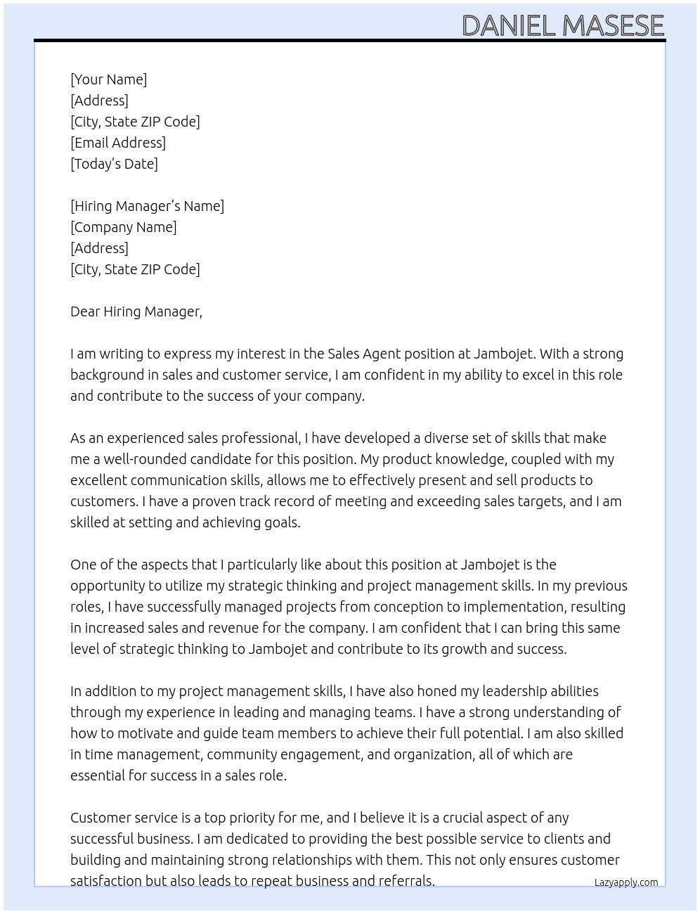 Sales agent At Jambojet Cover Letter