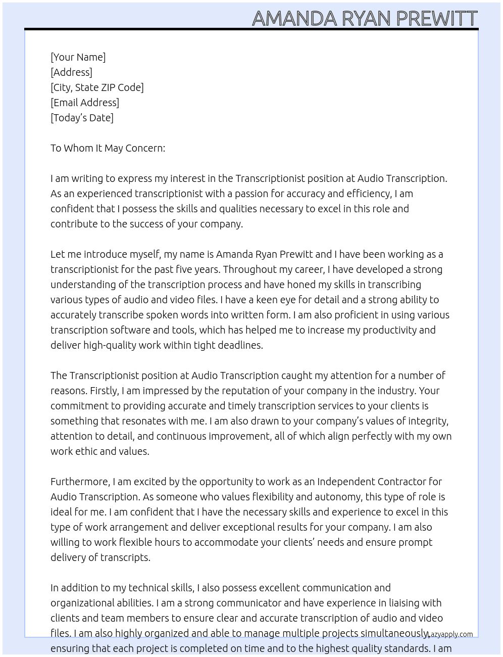 Transciptionist At Audio Transcription Cover Letter