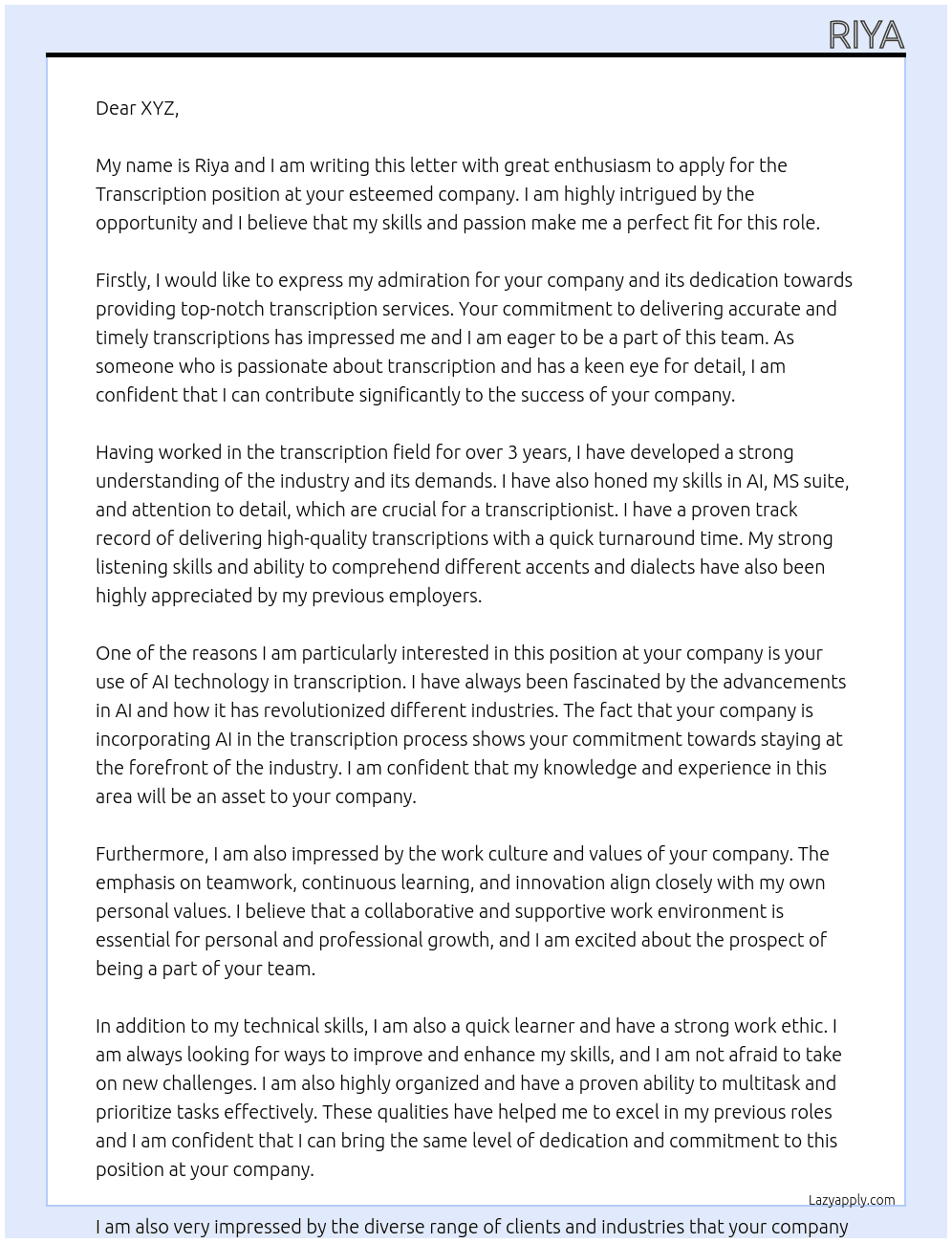 Transcription At xyz Cover Letter