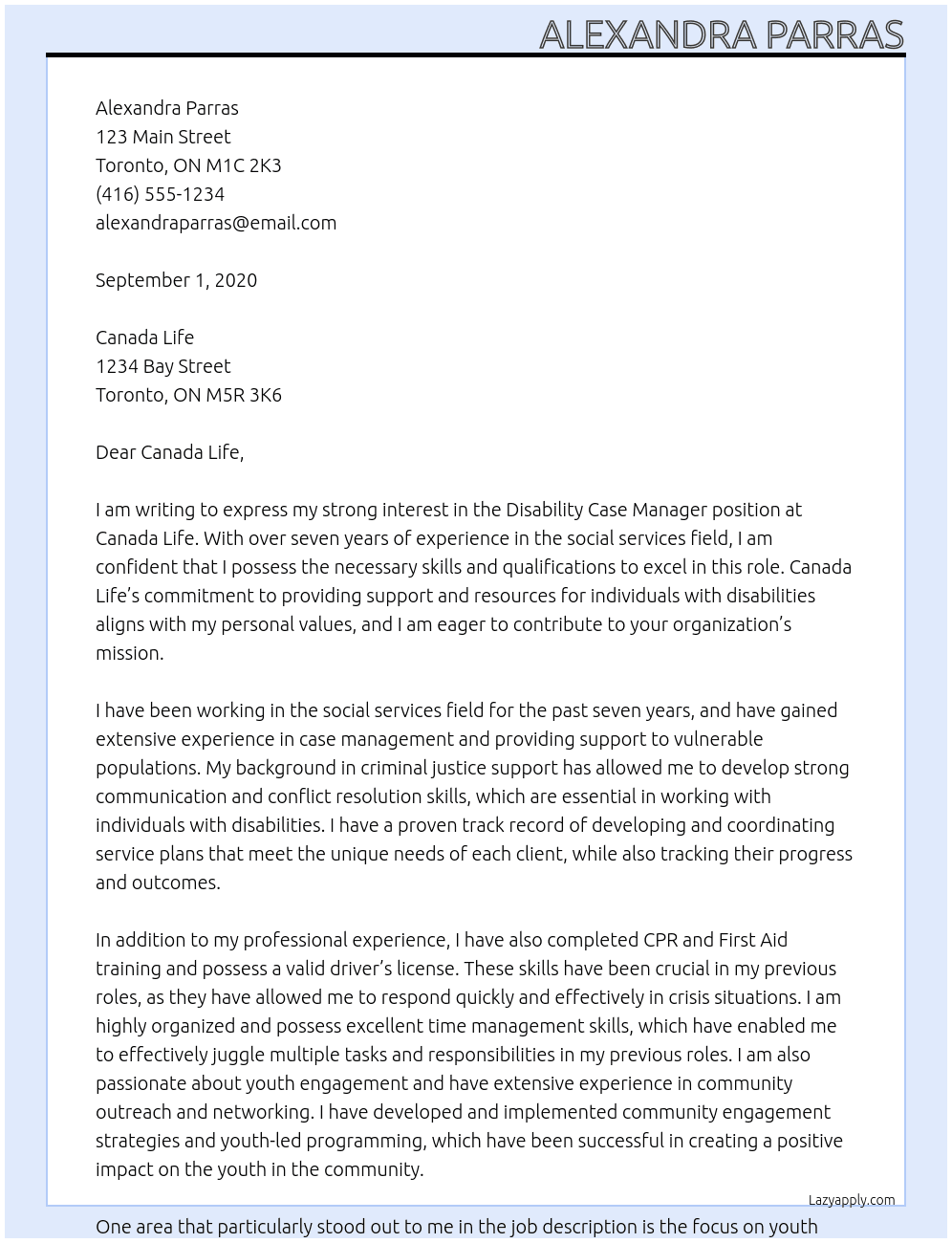 Disability Case Manager At Canada LIfe Cover Letter