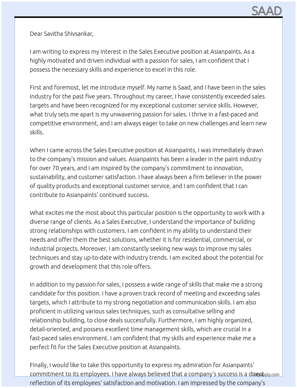 Sales Executive  At Asianpaints Cover Letter