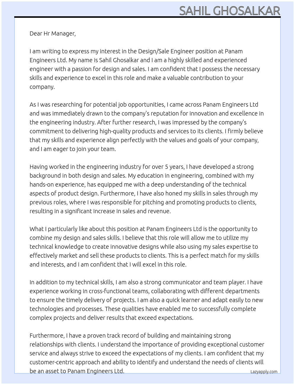 design/sale  engineer At Panam Engineers Ltd Cover Letter