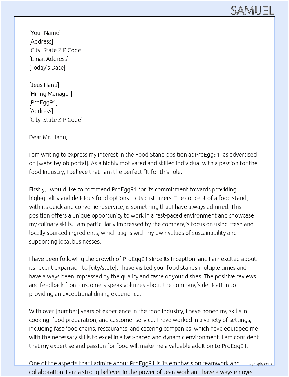 Food Stand At ProEgg91 Cover Letter