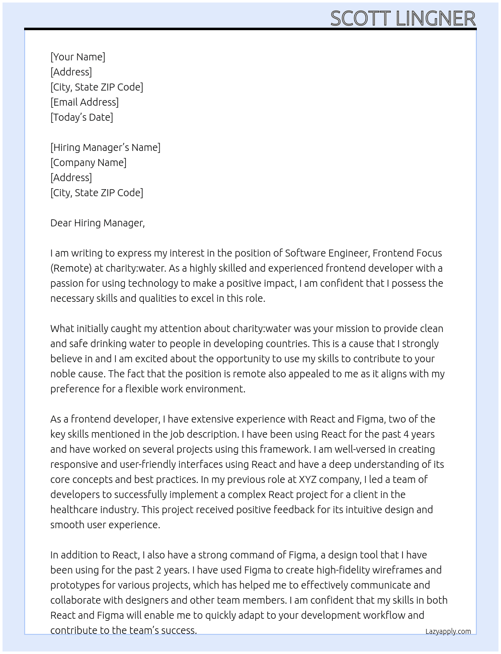 Software Engineer, Frontend Focus (Remote) At charity:water Cover Letter