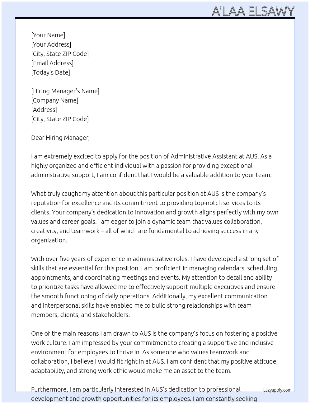 ADMINISTRATIVE ASSISTANT At AUS Cover Letter