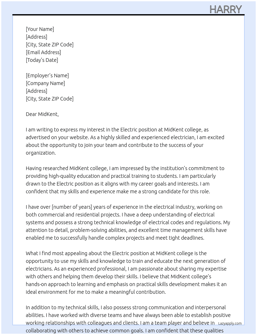 Electric At MidKent college  Cover Letter