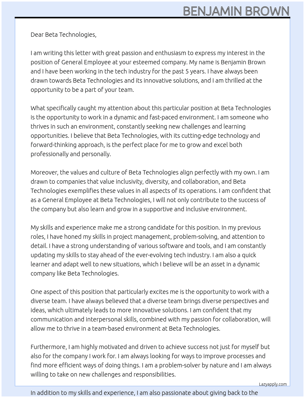 General Employee At Beta Technoligies Cover Letter