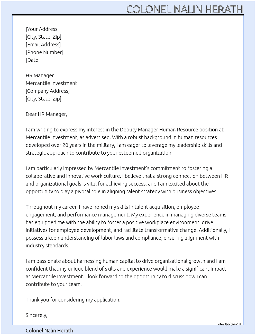 Deputy Mnager Human Resource At Mercantile Investment Cover Letter