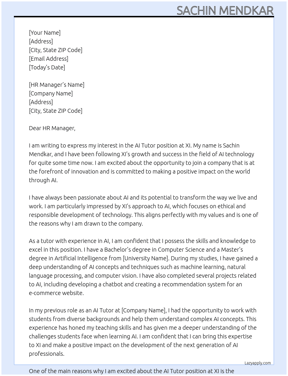AI Tutor  At XI Cover Letter