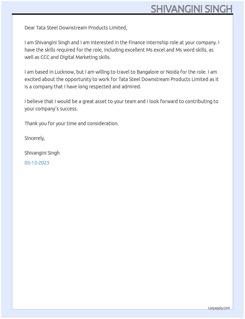 Finance At Tata Steel Downstream Products Limited Cover Letter
