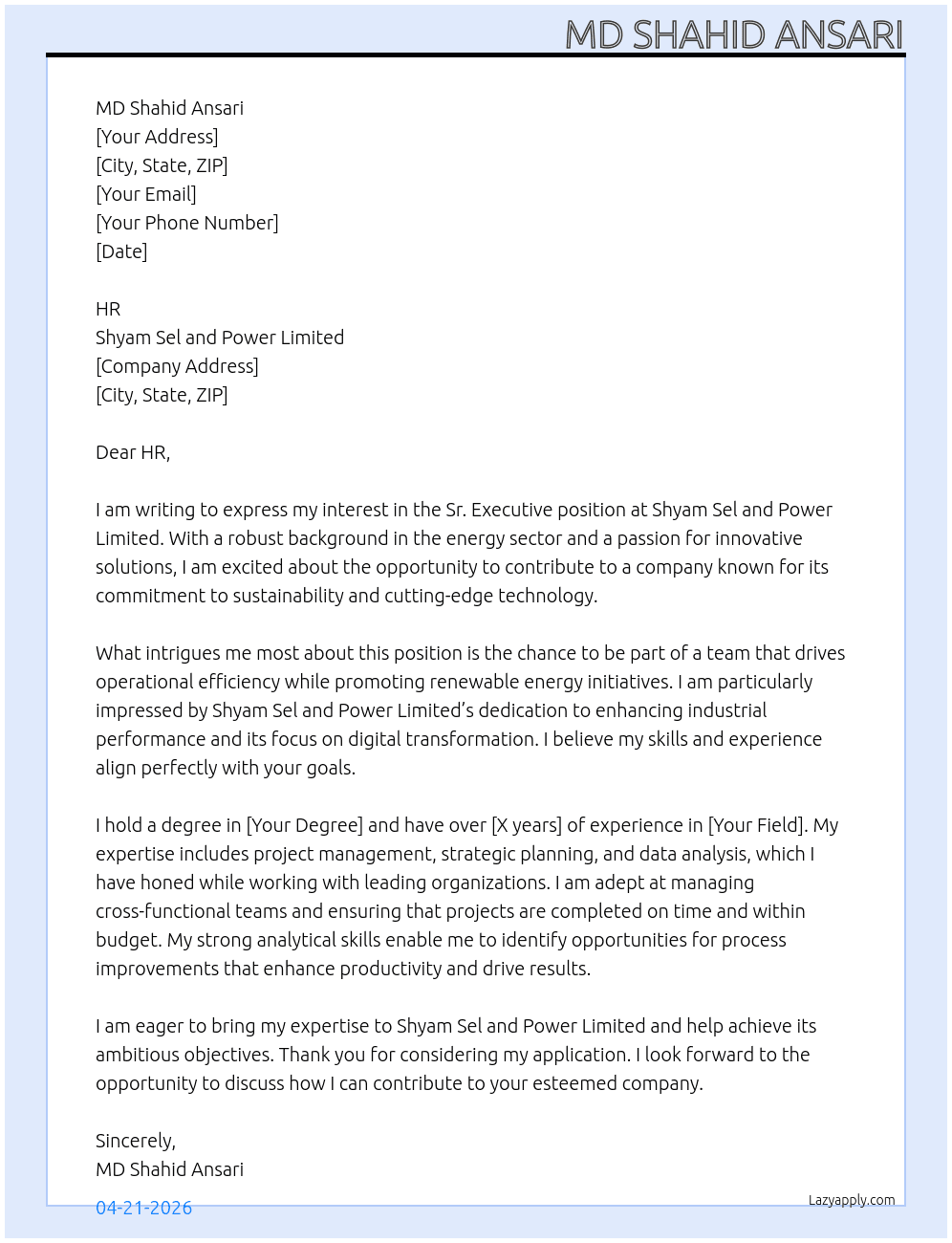 Cover letter for sr. executive - LazyApply