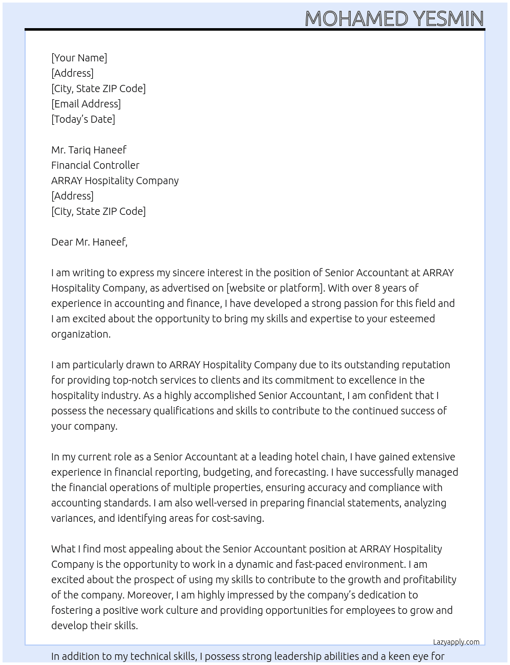 Senior Accountant At  ARRAY Hospitality Company Cover Letter