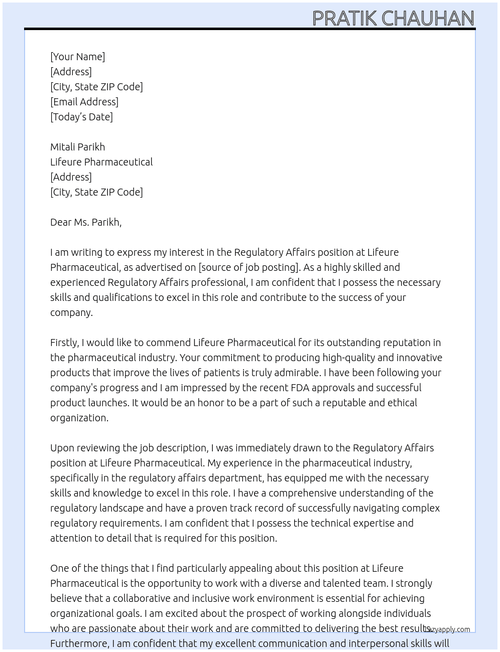 Regulatory affairs  At Lifeure Pharmaceutical  Cover Letter