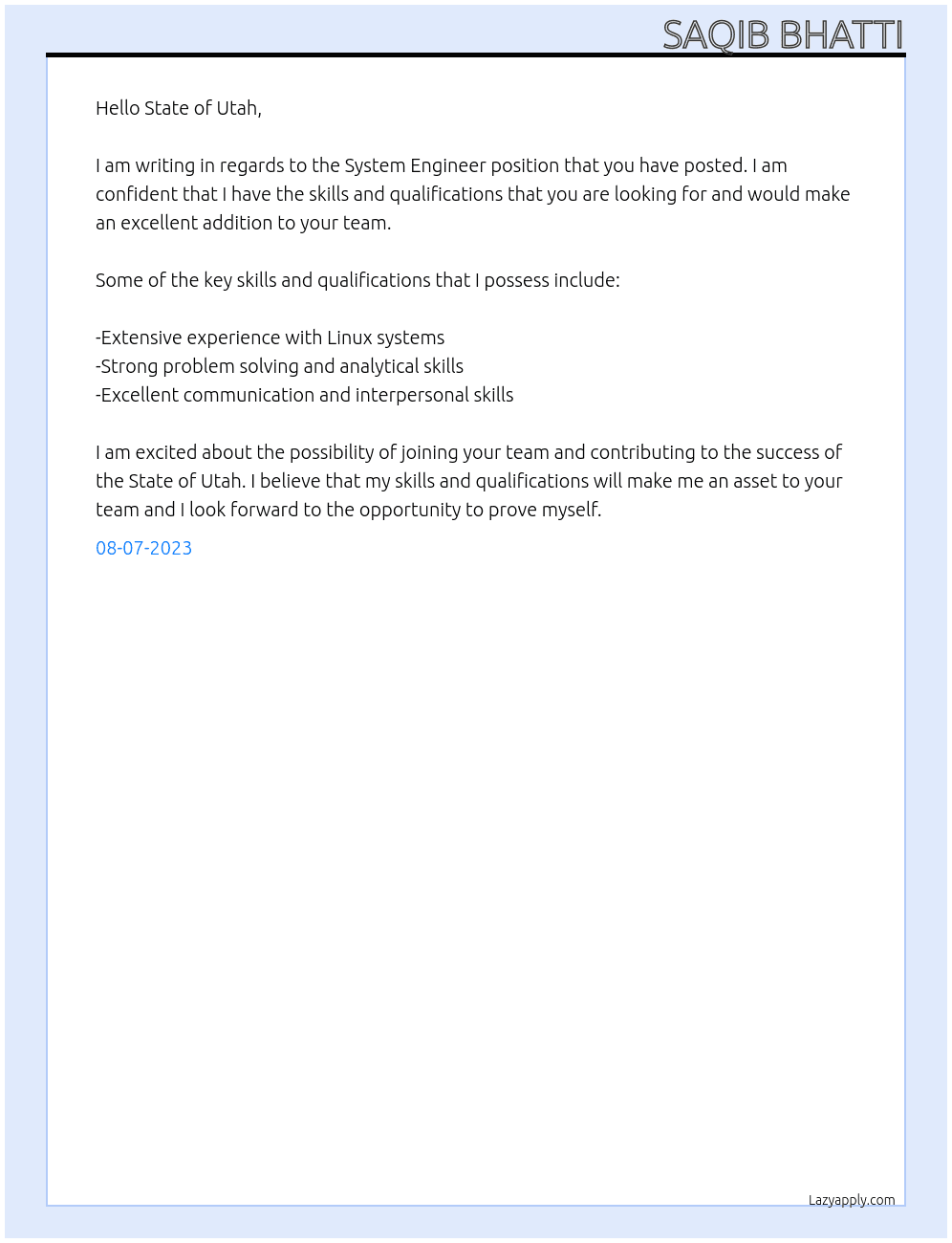 system engineer At State of Utah Cover Letter