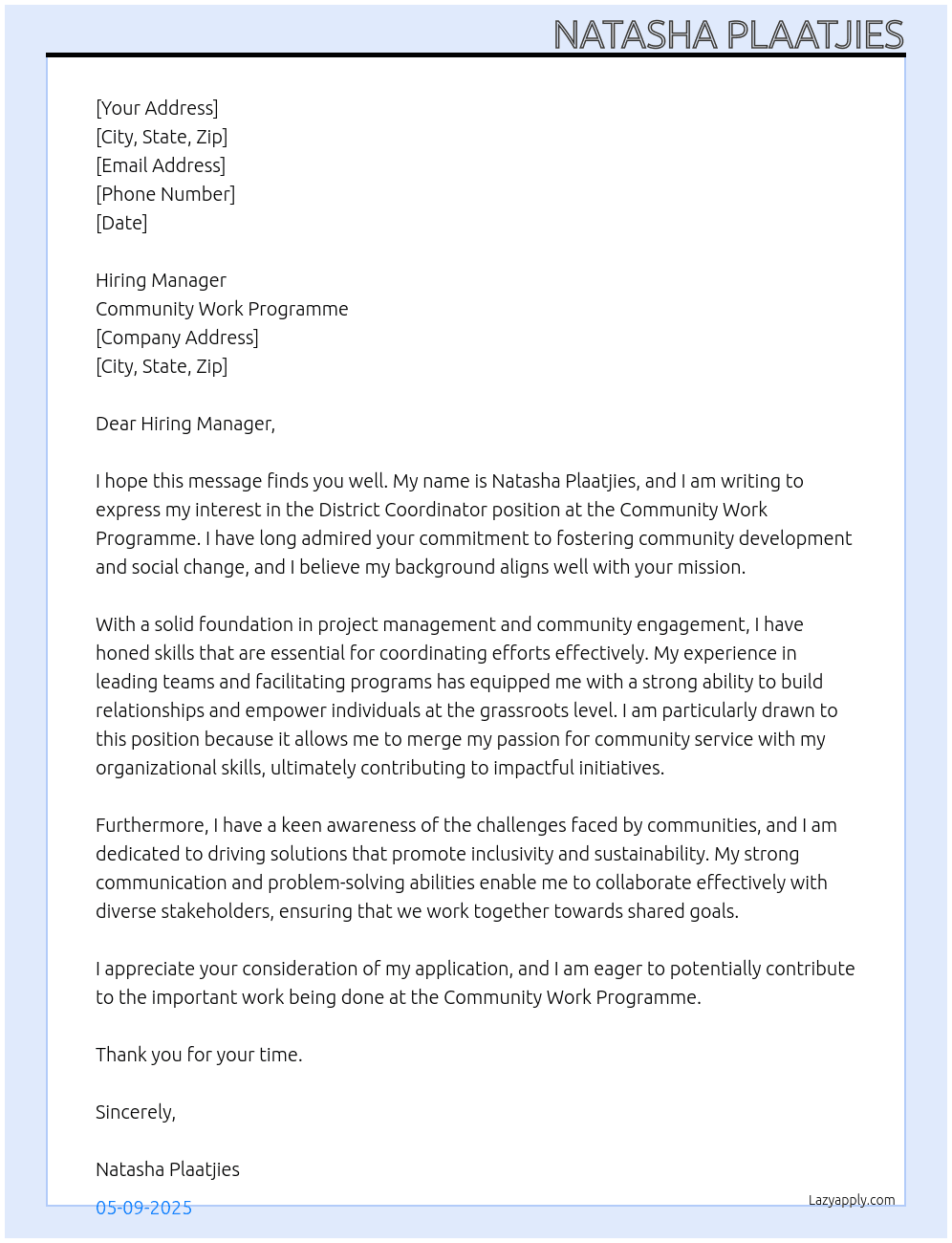 District Coordinator At Community Work Programme Cover Letter