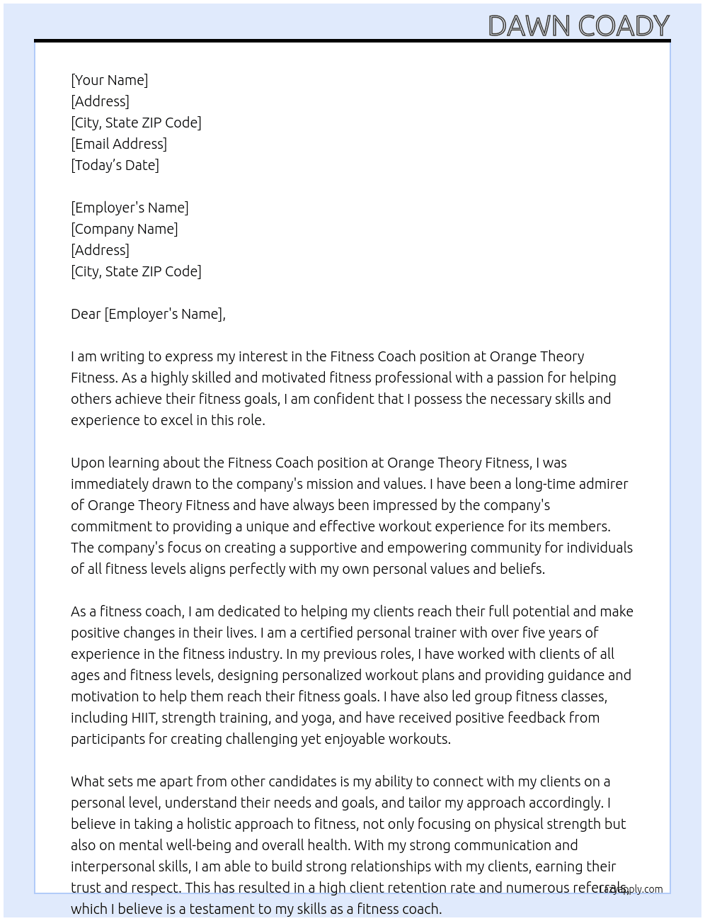 Fitness coach At Orange Theory Fitness Cover Letter