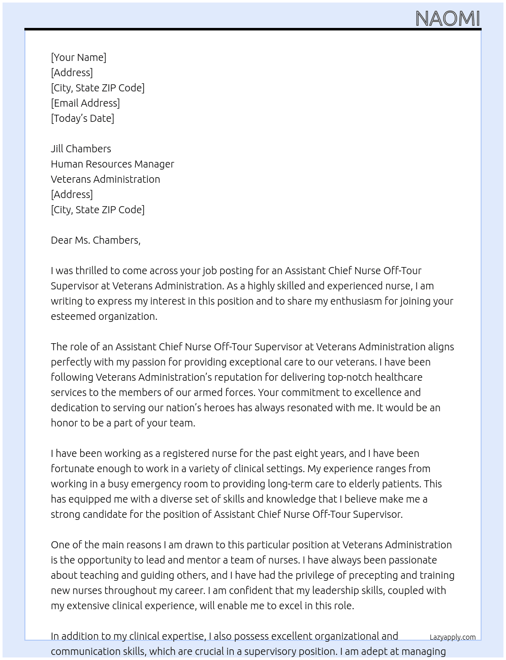 Assistant Chief Nurse Off-Tour Supervisor At Veterans Administration Cover Letter