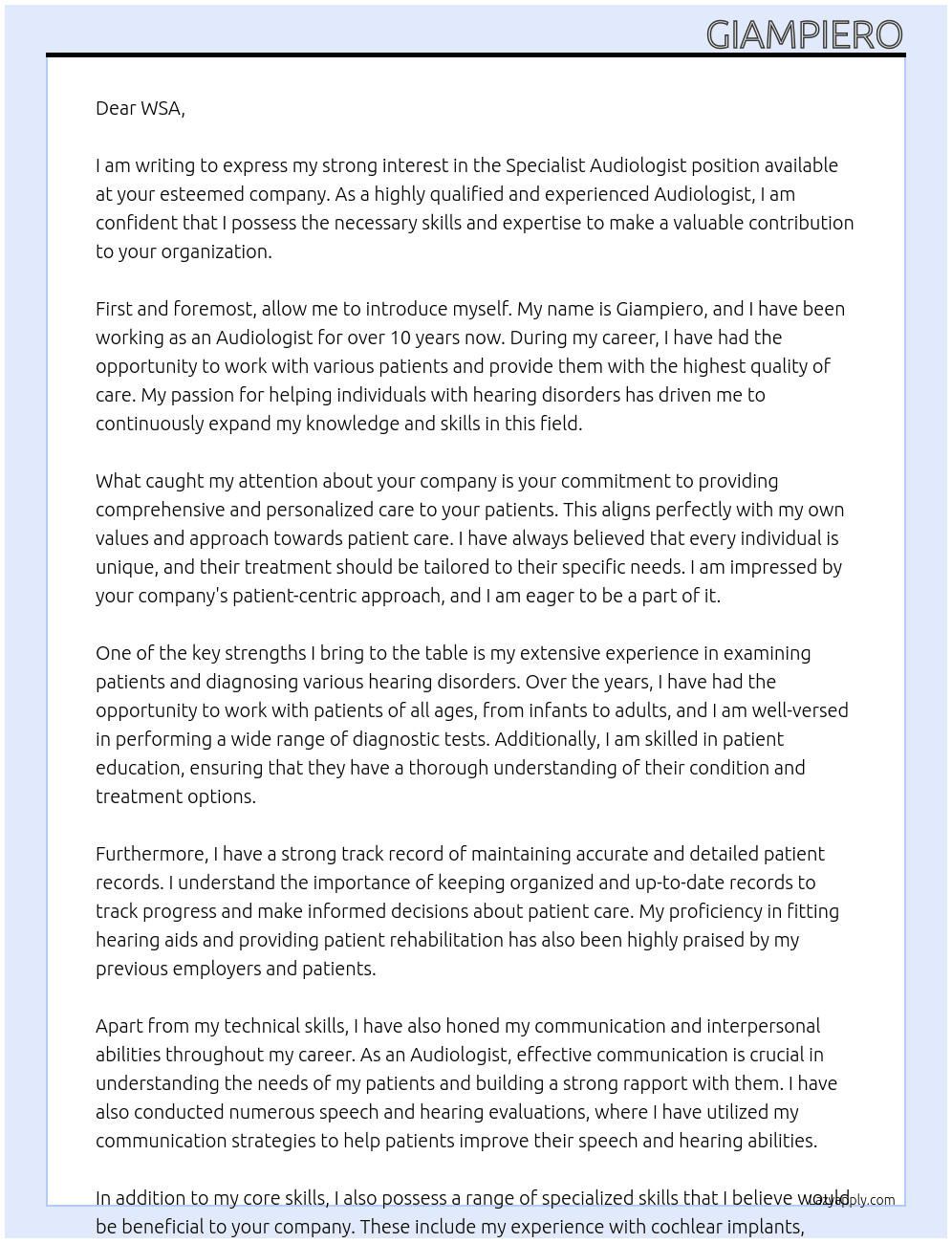Specialist Audiologist At WSA Cover Letter