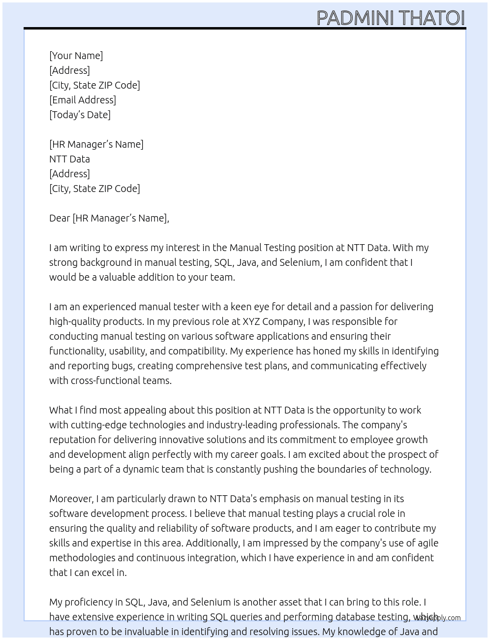 Manual Testing At NTT Data Cover Letter