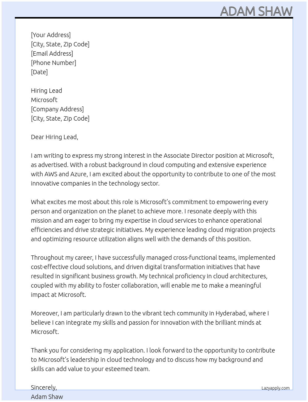 Associate Director At Microsoft Cover Letter